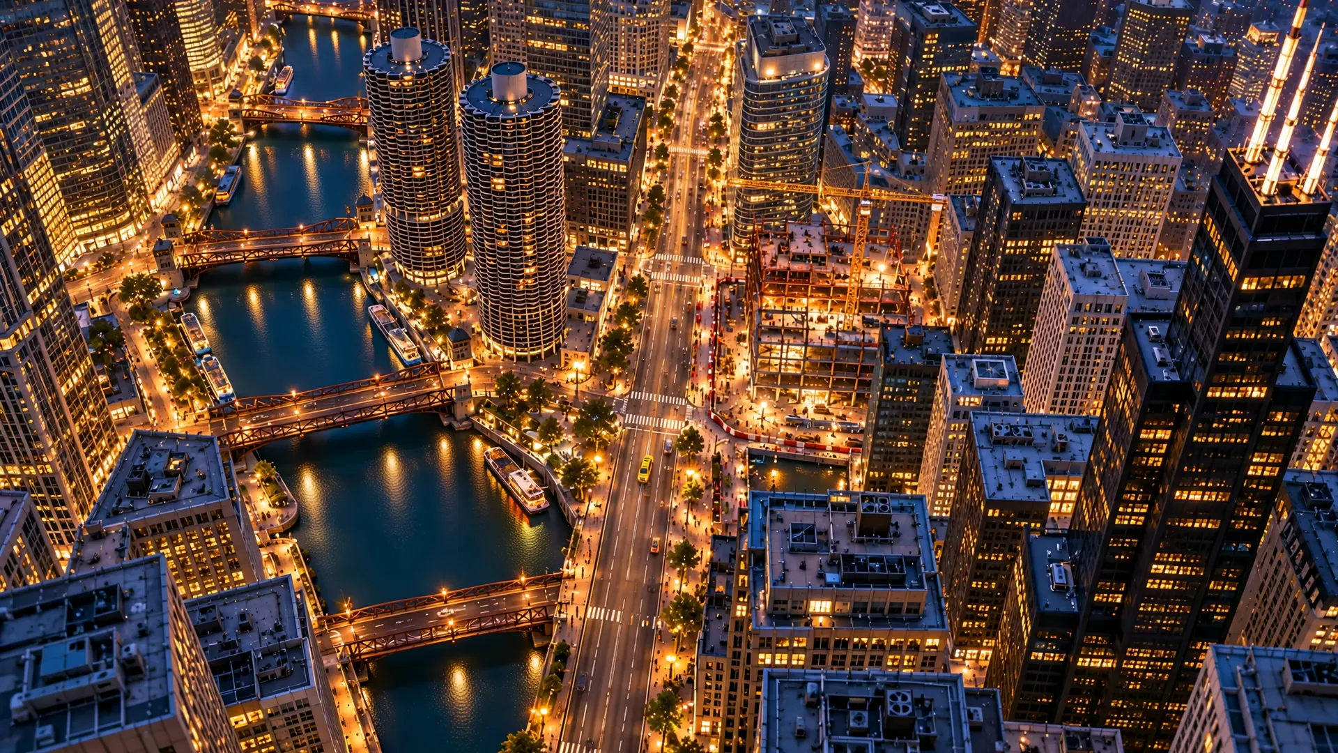 Bird’s-eye Chicago riverfront skyline at blue hour with a yellow Tesla taxi on the avenue below