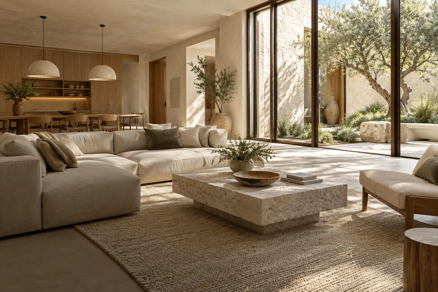 Interior design concept with natural oak, linen, stone and generous daylight