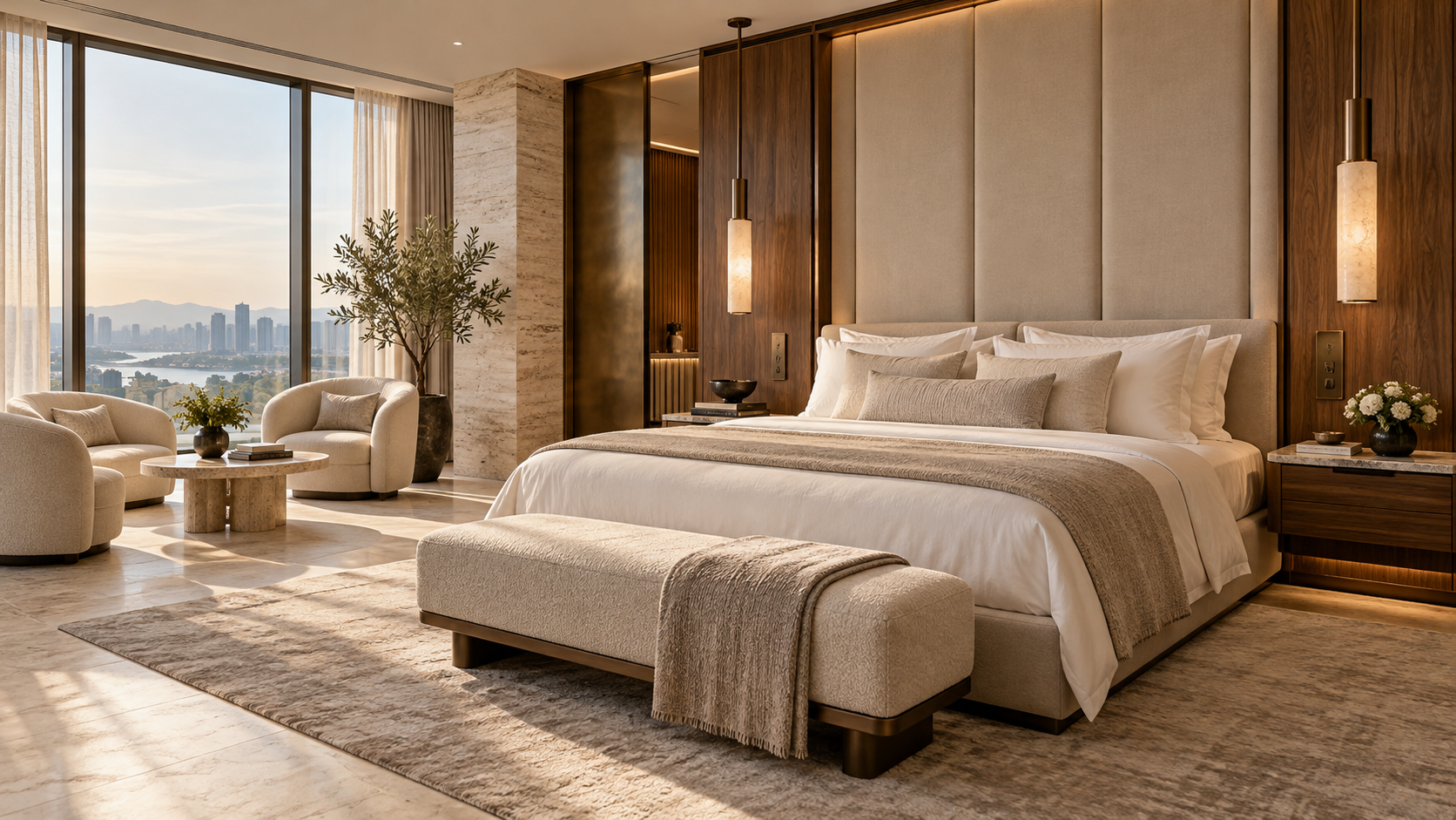 AI-generated luxury hotel bedroom design concept with walnut, travertine, a tall upholstered headboard and lounge seating